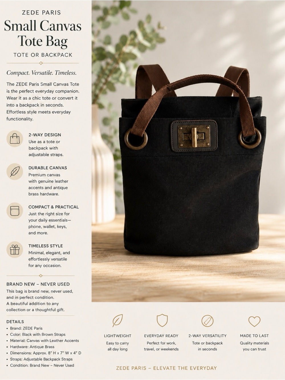 ZEDE Paris Small Canvas Tote Bag - Black with Brown Straps